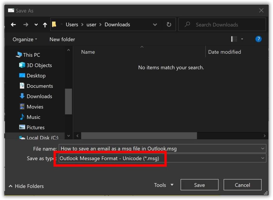 Outlook email save as MSG
