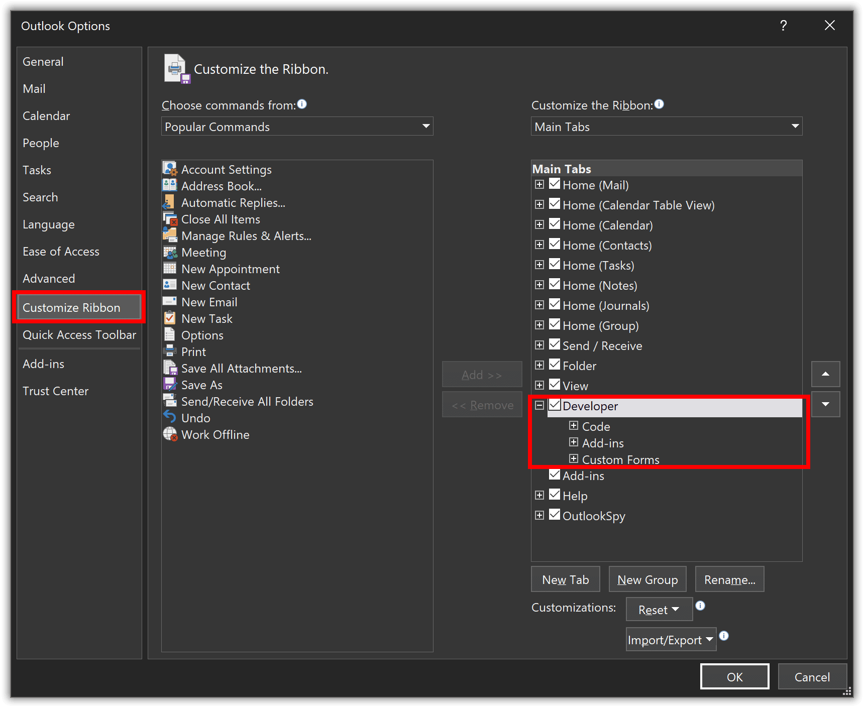 Aussichten - Registerkarte "Entwickler" aktivieren