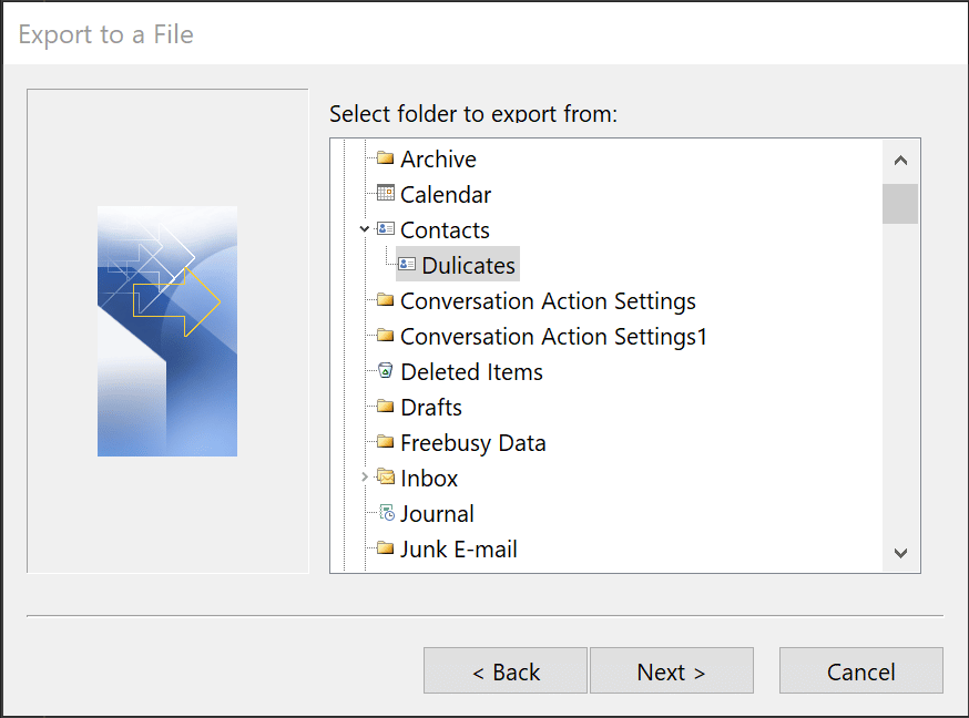 Outlook contacts folder to export
