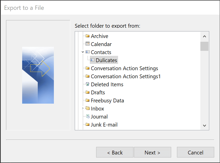 Папка с контакти на Outlook за експортиране