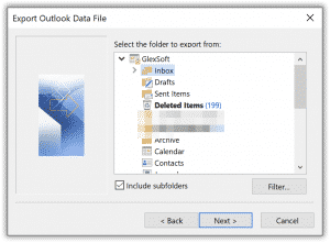Выберите папки Outlook для экспорта