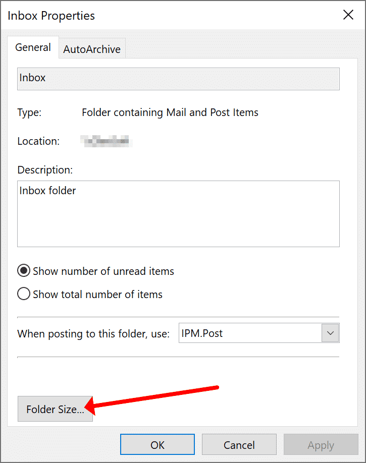 Outlook folder size option