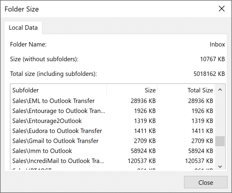 Outlook folder size window