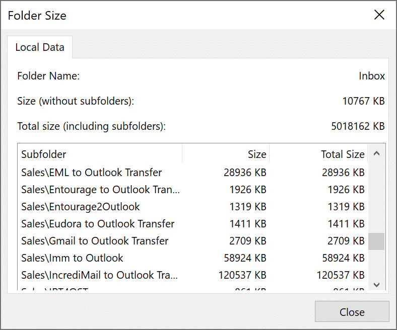 Fenêtre de taille du dossier Outlook