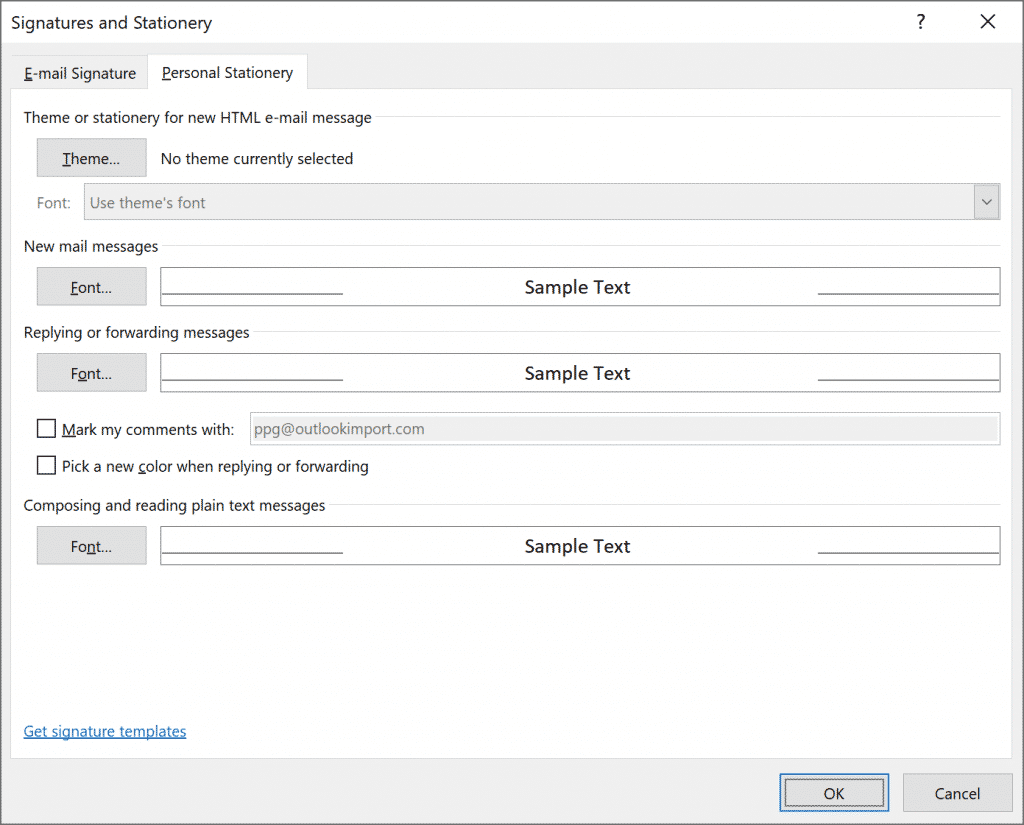 Параметры шрифта Outlook