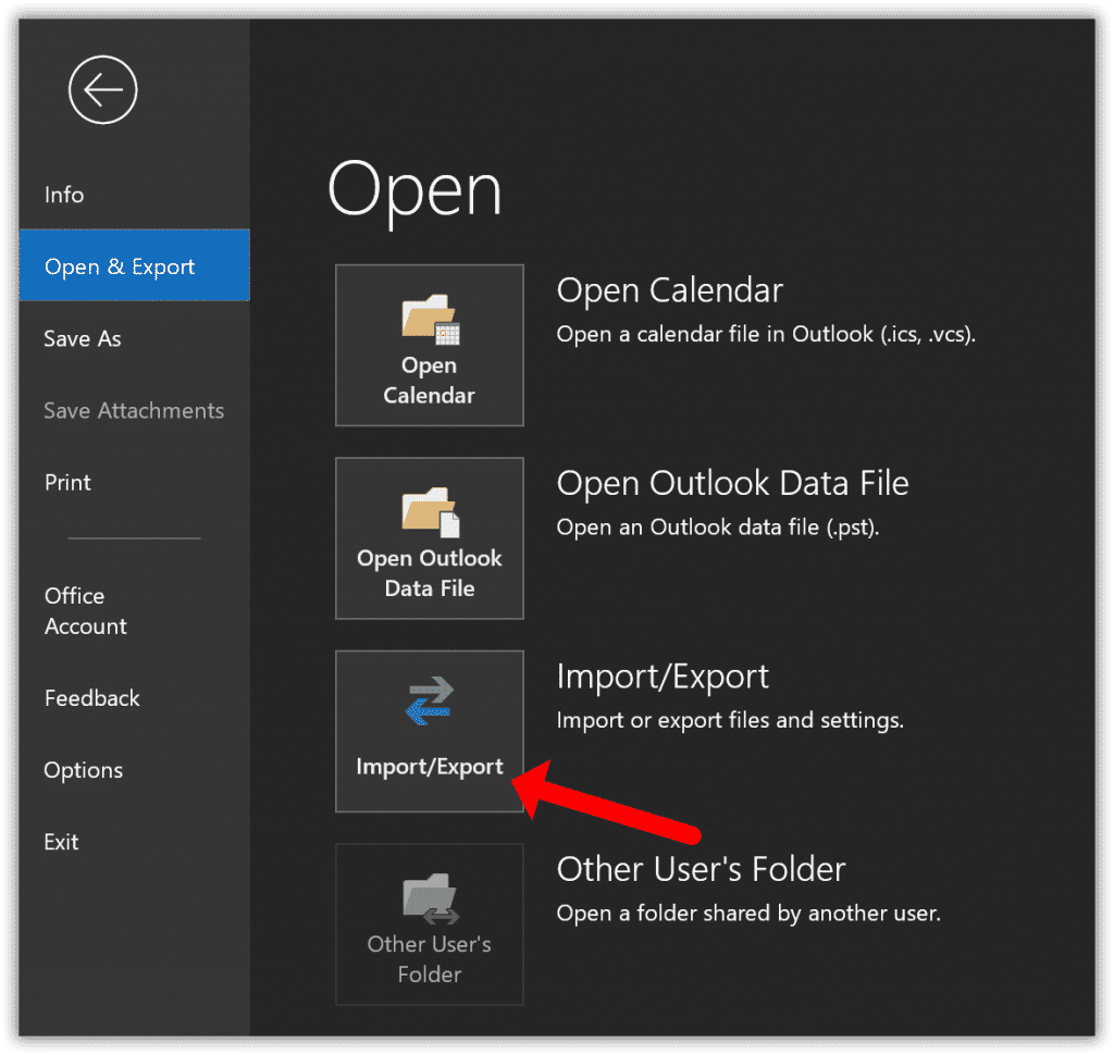 Menu di esportazione importazione Outlook