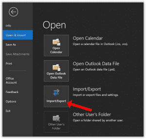 Outlook import export menu