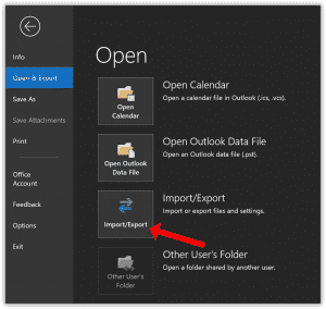 Outlook-importeksportmenu