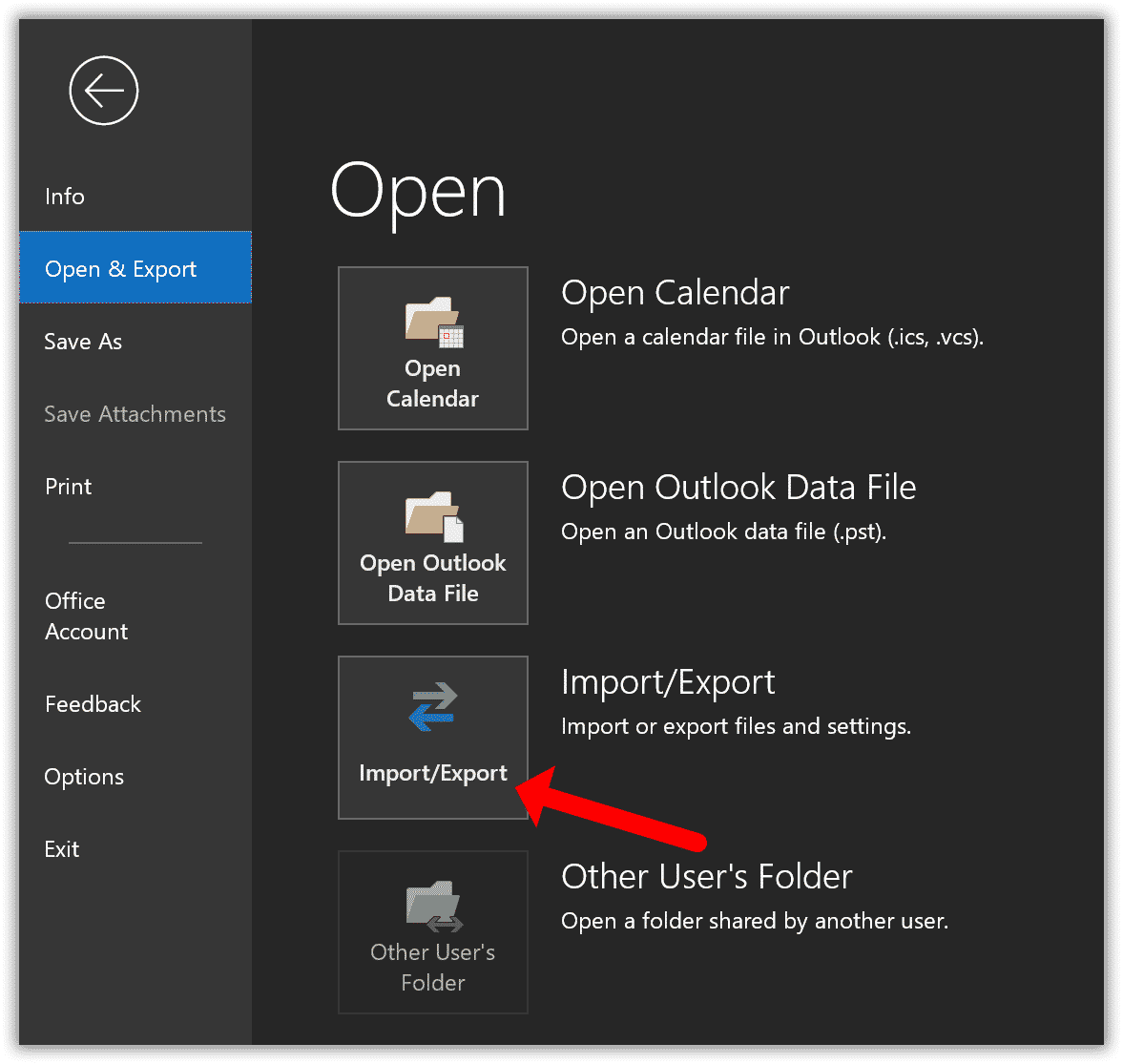 Outlook import export menu