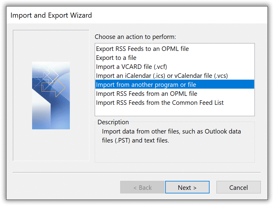 Outlook Tuo toisesta ohjelmasta tai tiedostosta