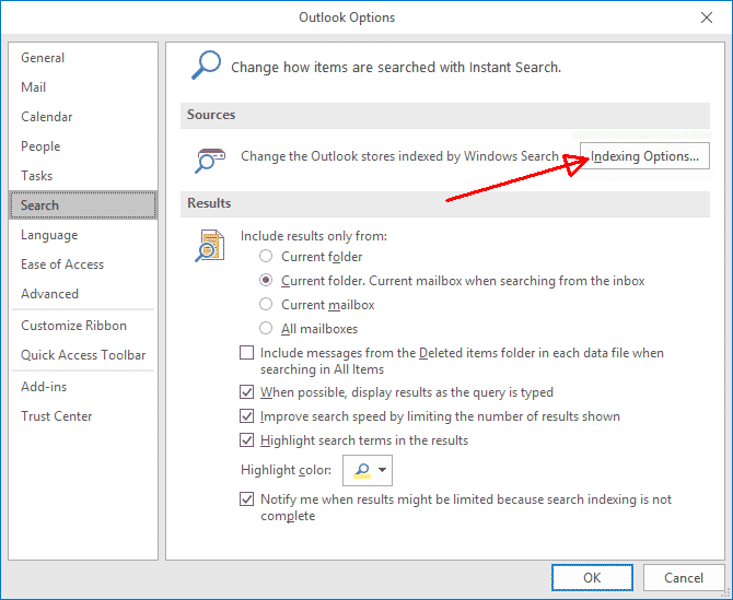 Outlook indexing options
