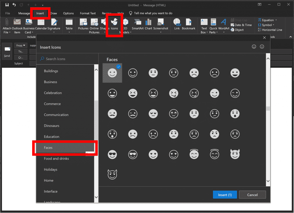 Ícone de inserção de mensagem do Outlook