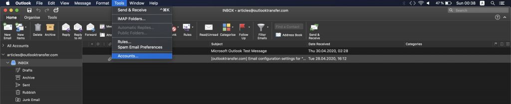 Outlook para Mac OS - Configuração de contas