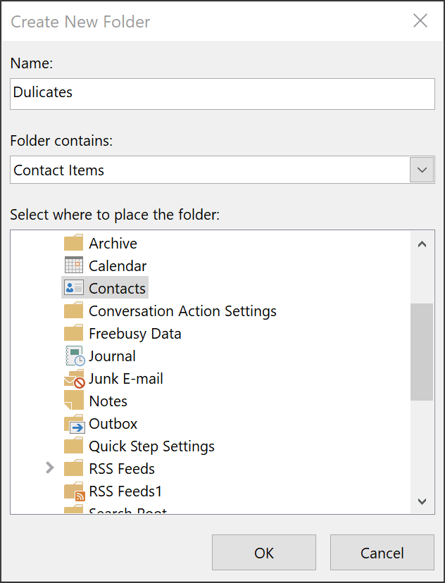 Outlook-mappe for å samle kontaktduplikater