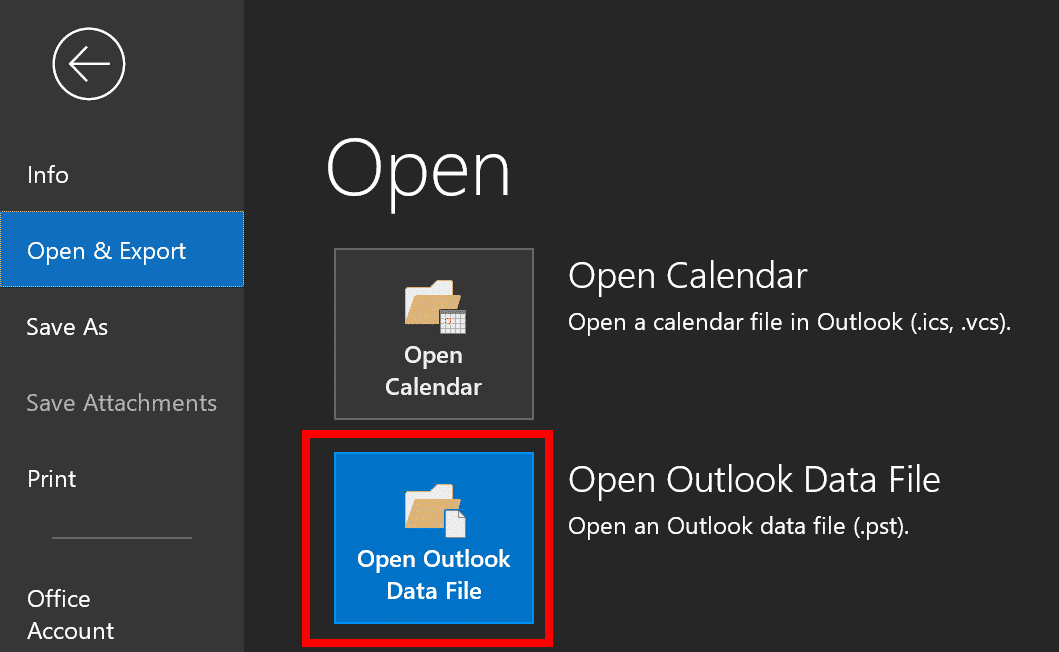 افتح ملف بيانات Outlook