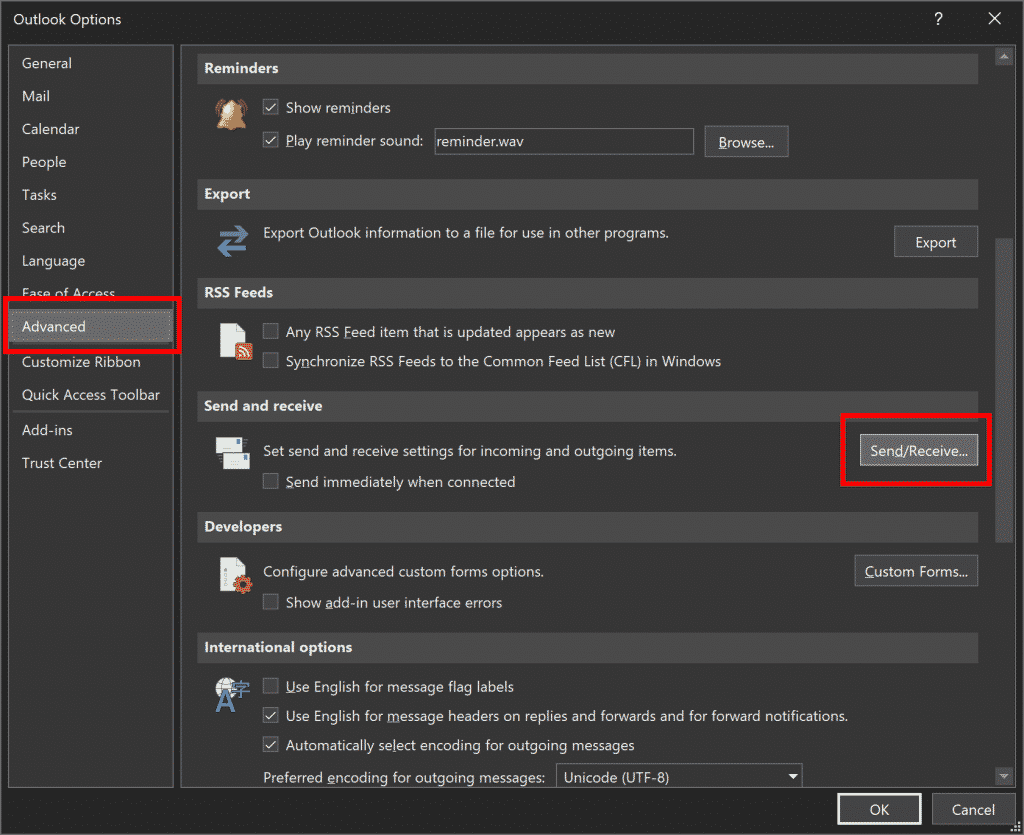 Outlook options advanced send/receive
