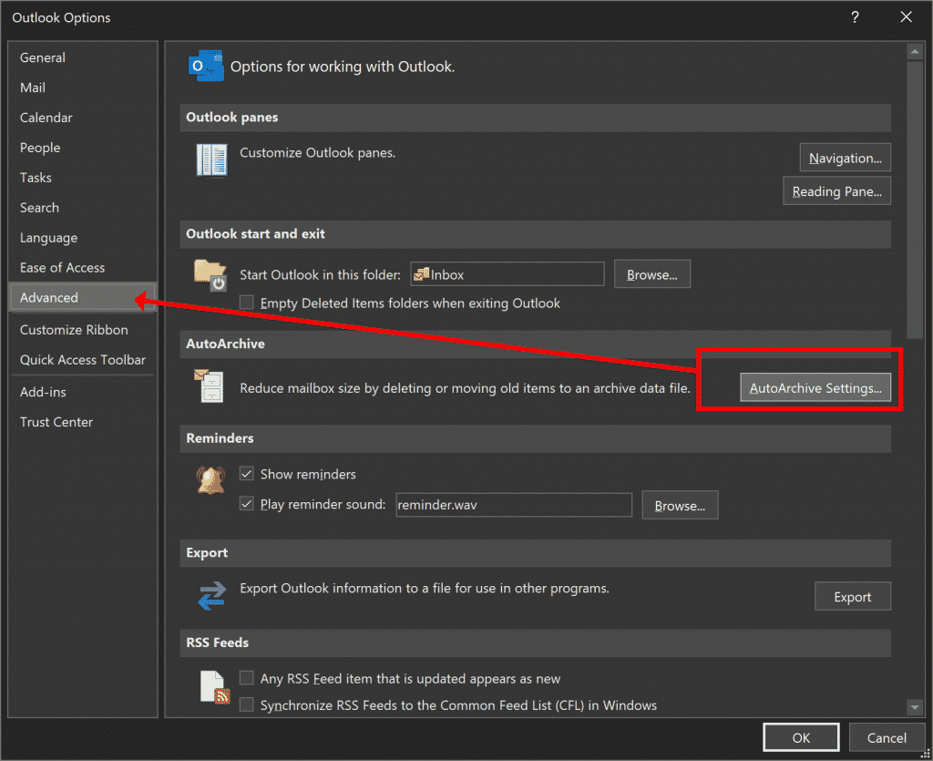 Outlook Advanced settings AutoArchive