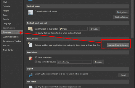 Outlook Advanced settings AutoArchive