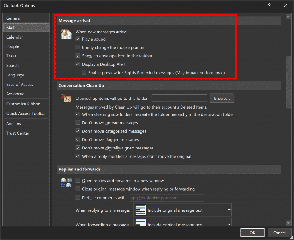 Outlook options Mail Arrival