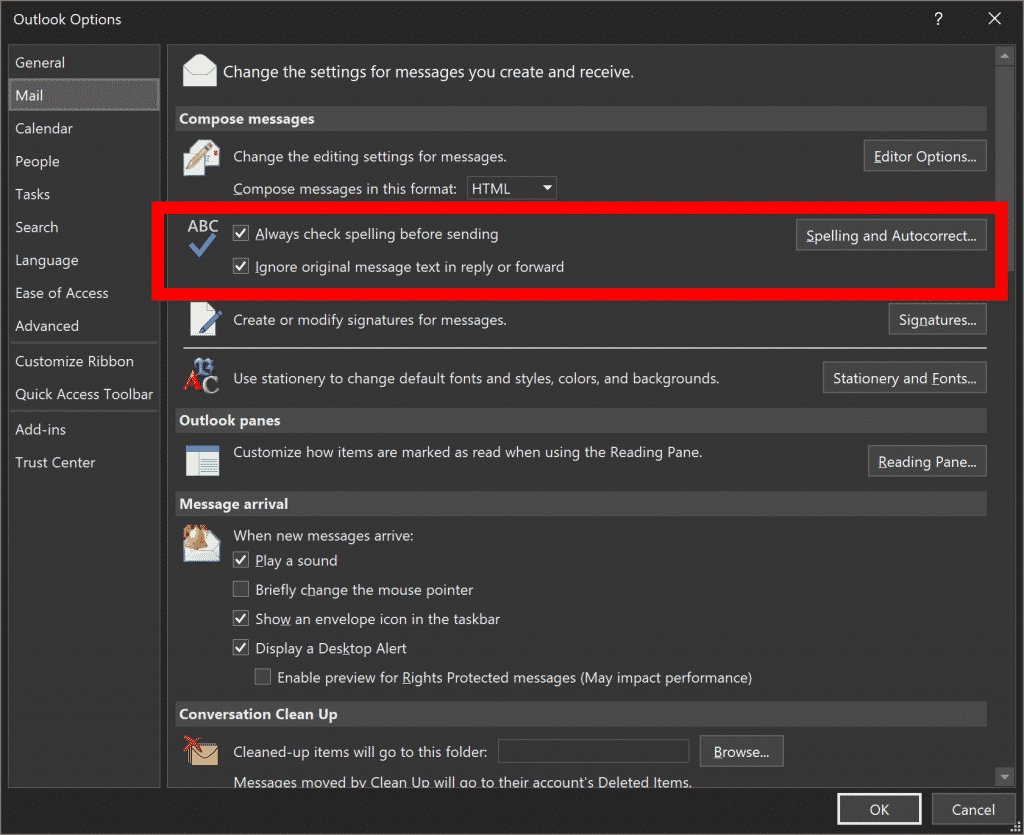 Outlook options spelling