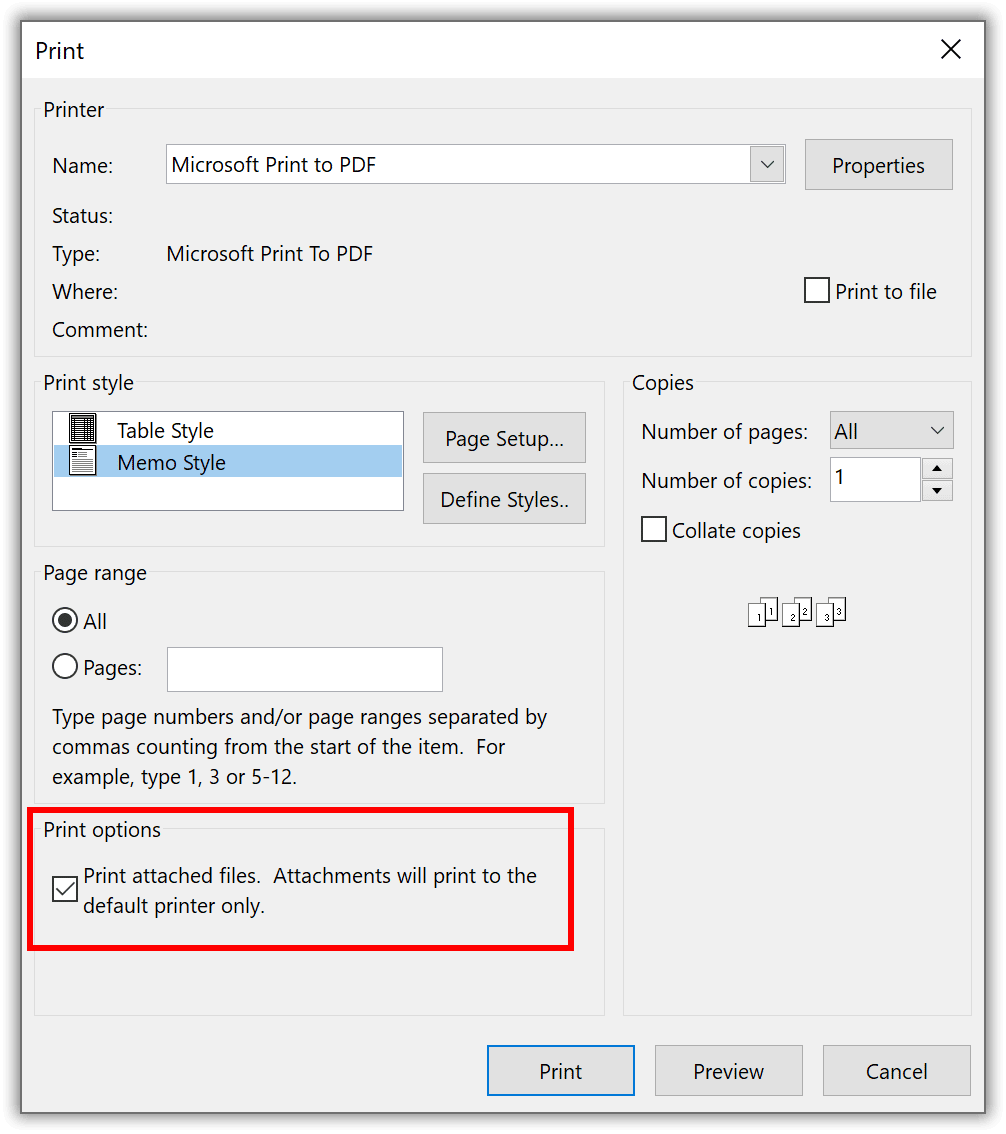 Outlook print attachments