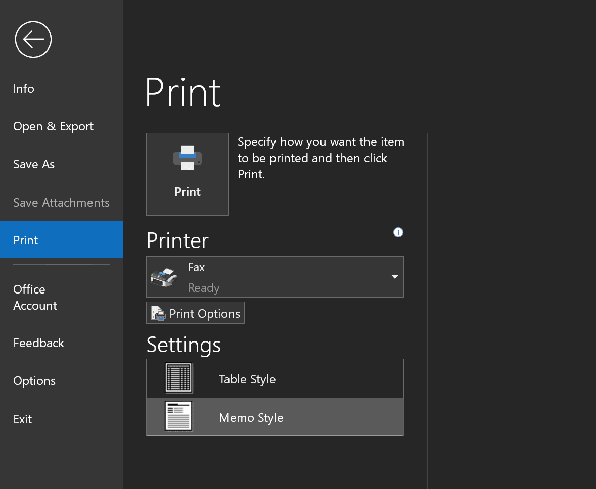 Print Button in Outlook