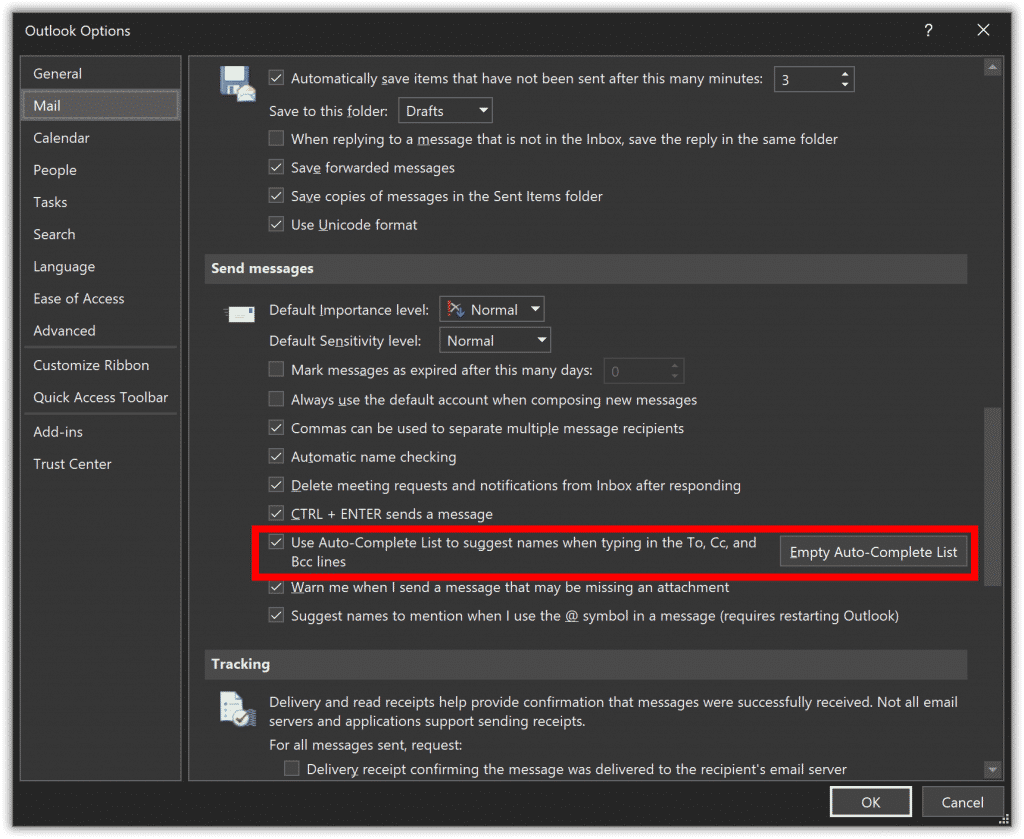 Opción de Outlook autocompletar ON / OFF