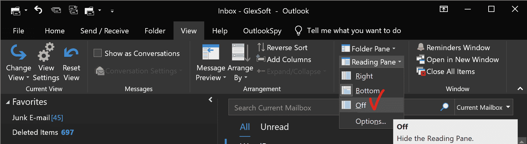 Outlook Изключване на панела за четене