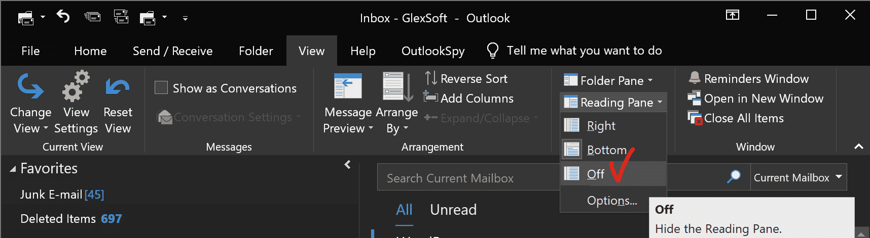 Outlook Stänger av läspanelen