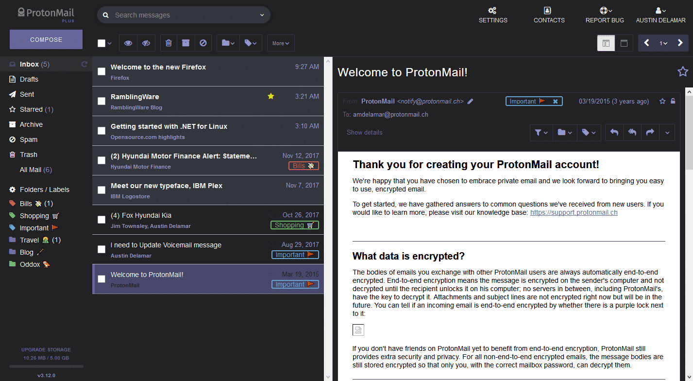 Interface graphique ProtonMail