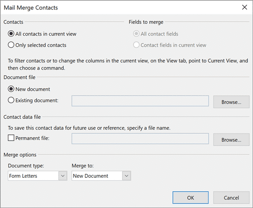 Outlook Mail Merge Window