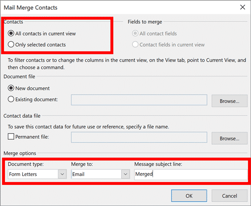 Ventana de combinación de correspondencia de Outlook con las opciones seleccionadas