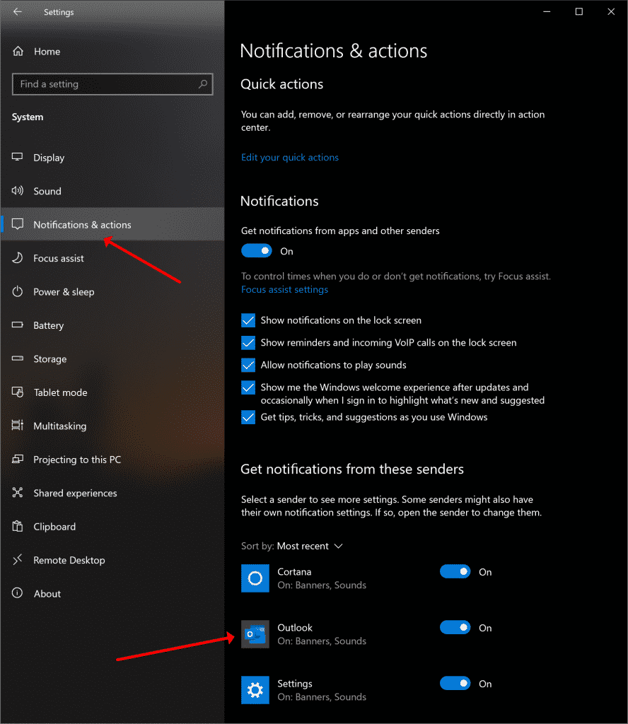 Windows Settings - Notifications and Alerts