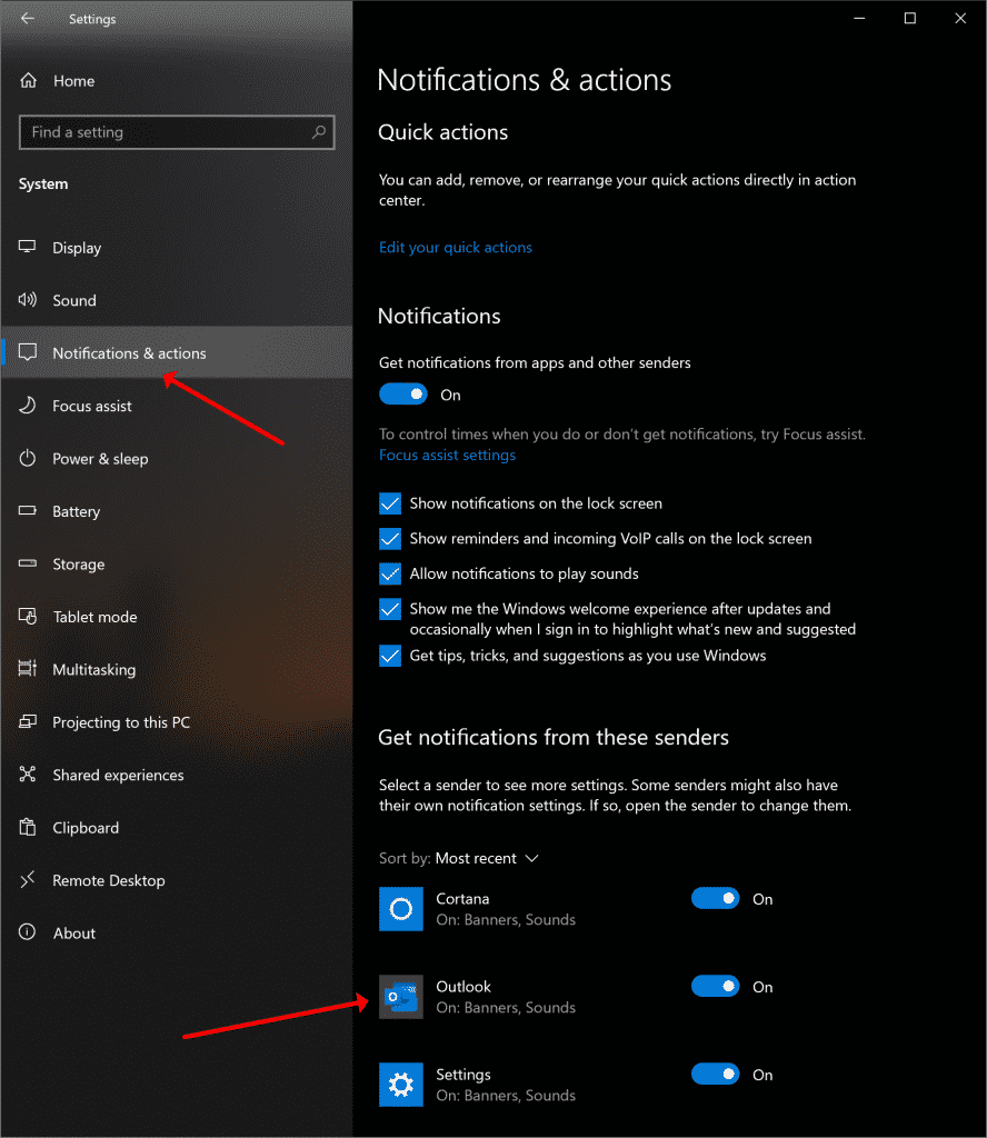 Windowsin asetukset - Ilmoitukset ja hälytykset