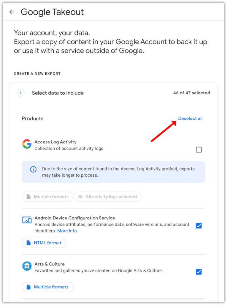 Deselect all at Google Takeout
