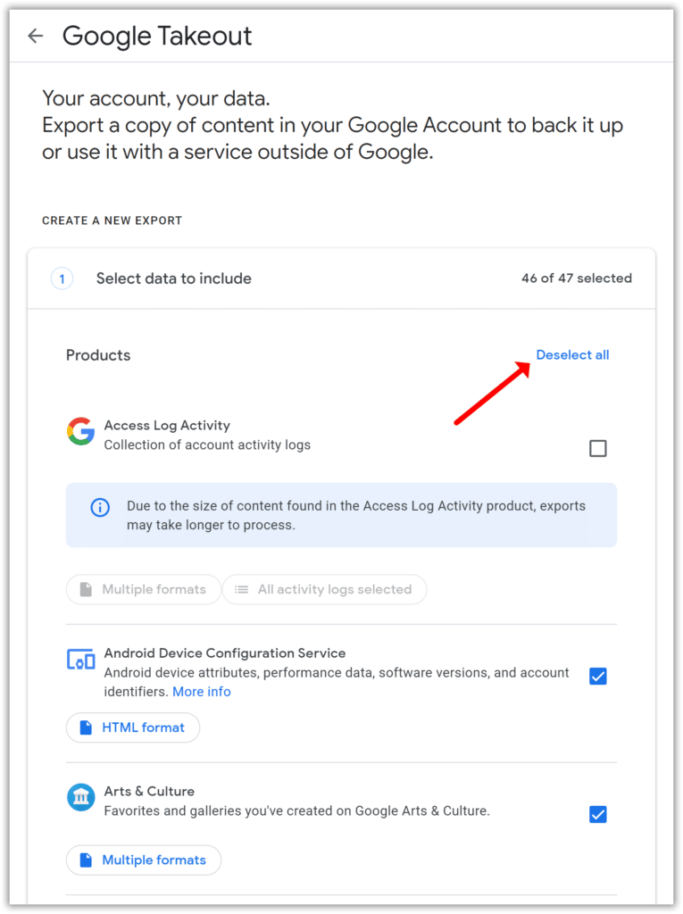 Tout désélectionner sur Google Takeout