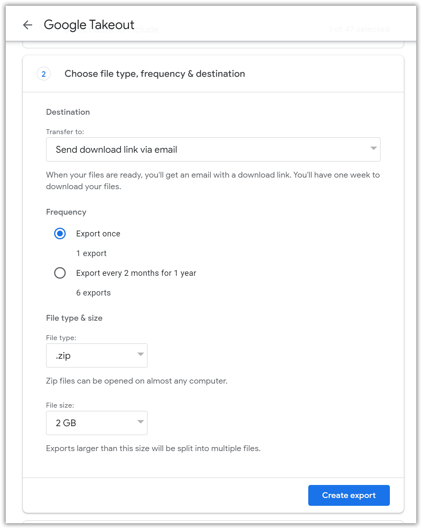 Options d'exportation à emporter