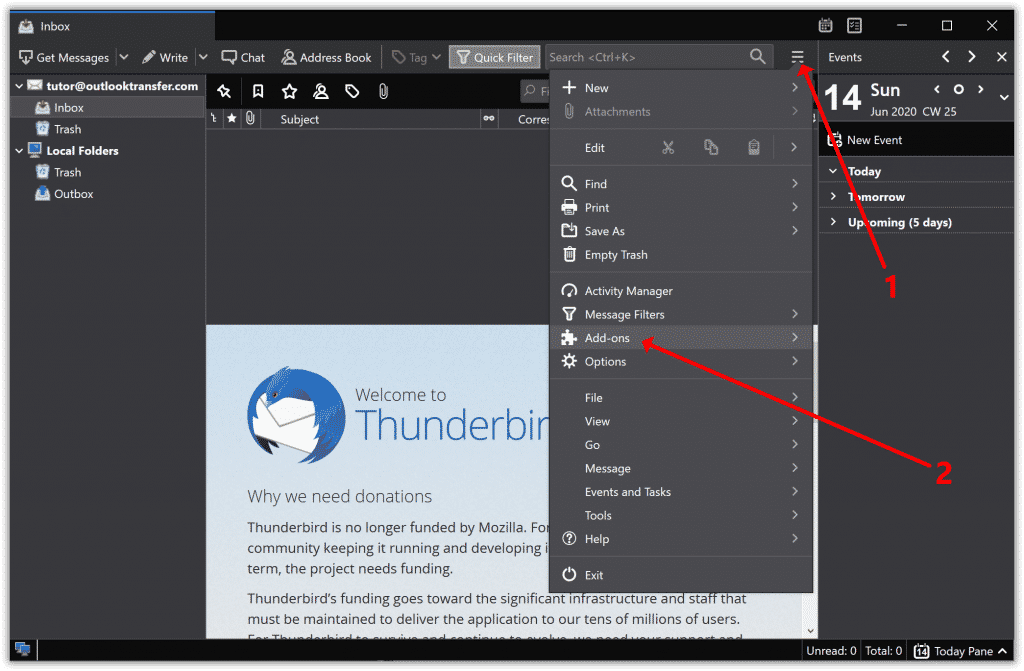 Menu des modules complémentaires Thunderbird