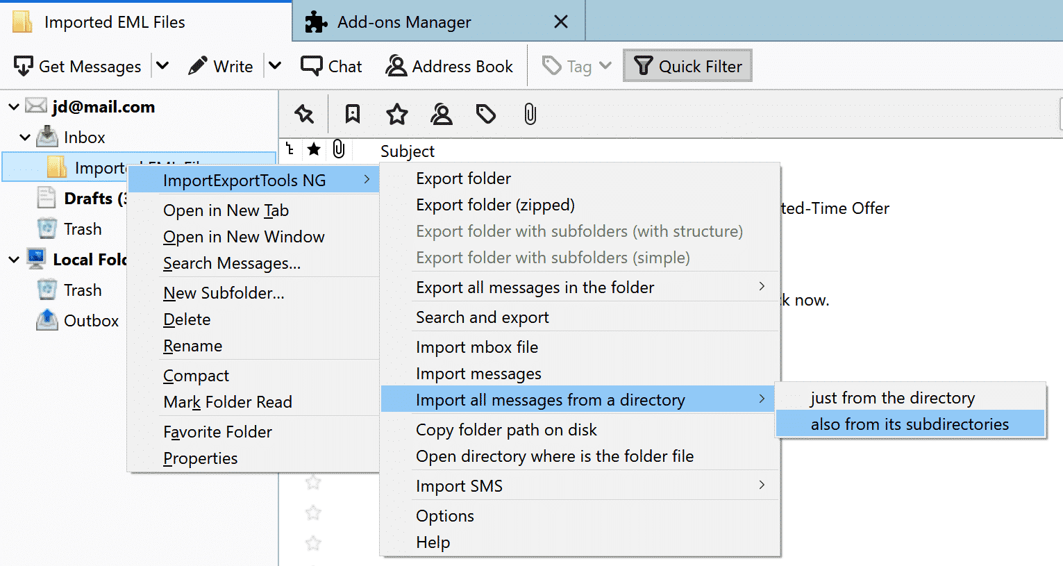 Outils d'importation / exportation Thunderbird