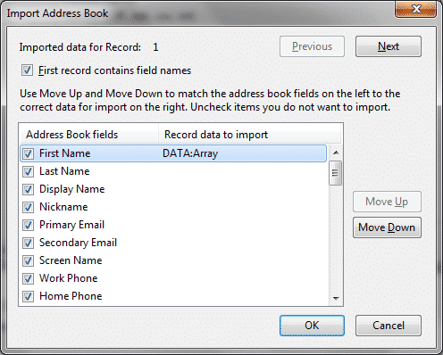 Specify address book fields