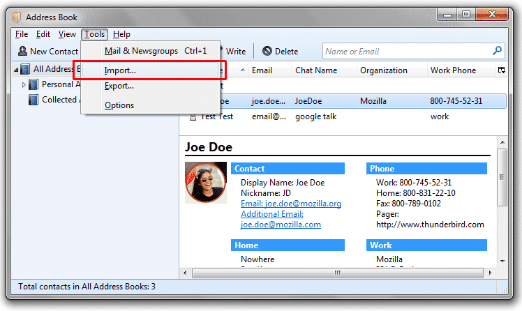 Thunderbird contacts import