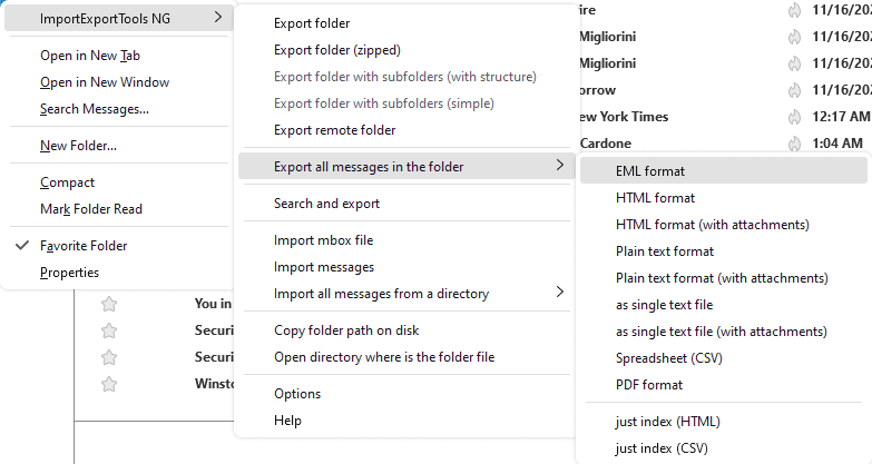 Thunderbird Esporta tutti i messaggi nella cartella