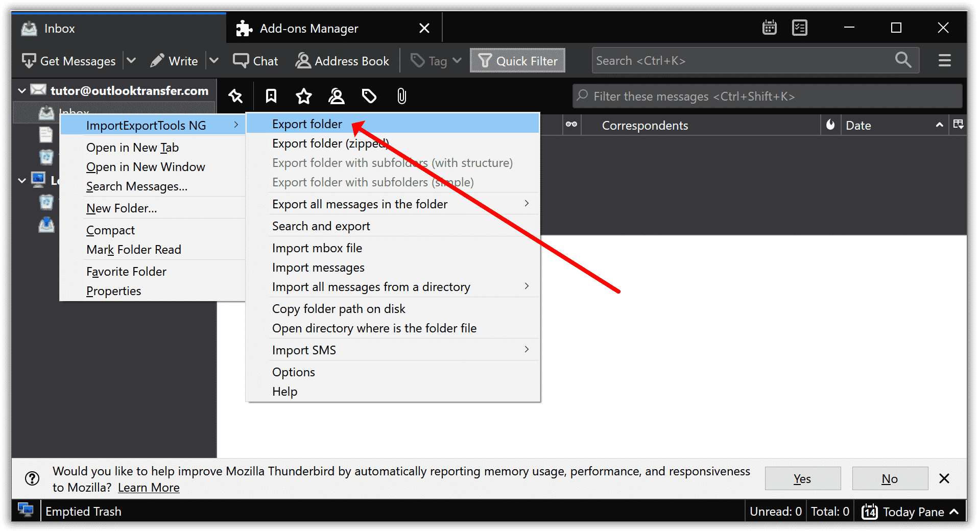 Soldaat Seizoen Zuiver Hoe een back-up te maken van alle Mozilla Thunderbird-e-mails naar een externe  harde schijf - Outlooktransfer.com