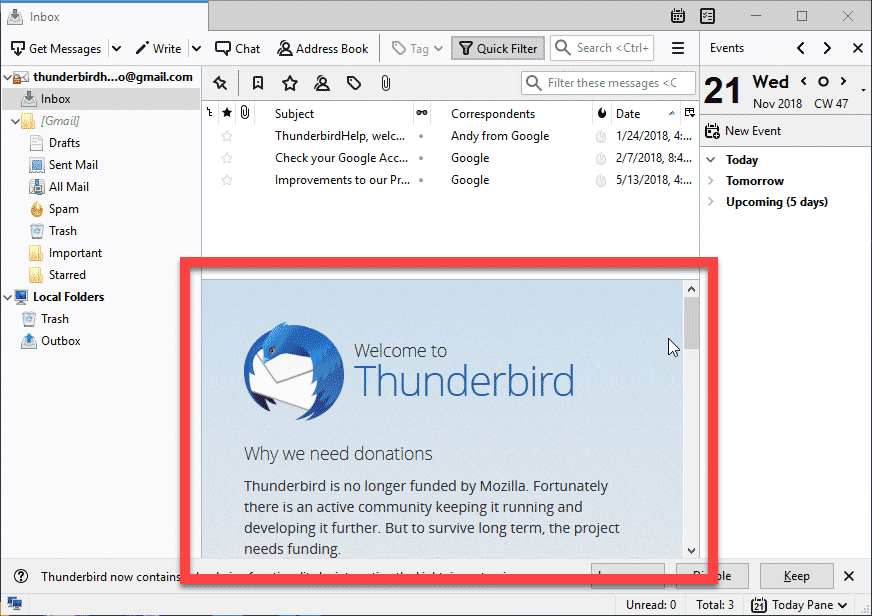 Página inicial do Thnderbird