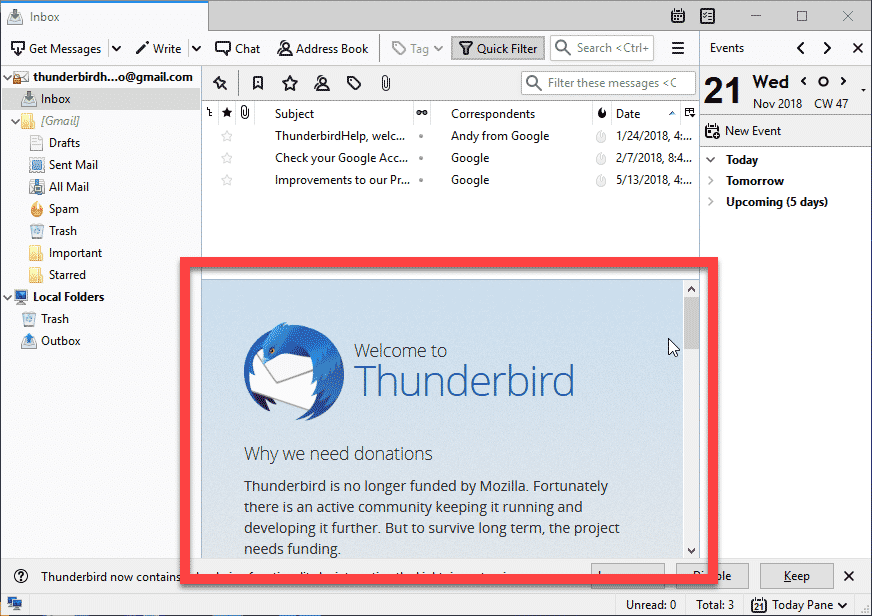 Pagina iniziale di Thnderbird