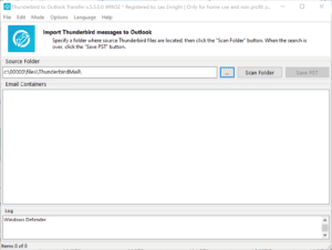 Thunderbird to Outlook Converter selects the source folder containing MSF mailboxes