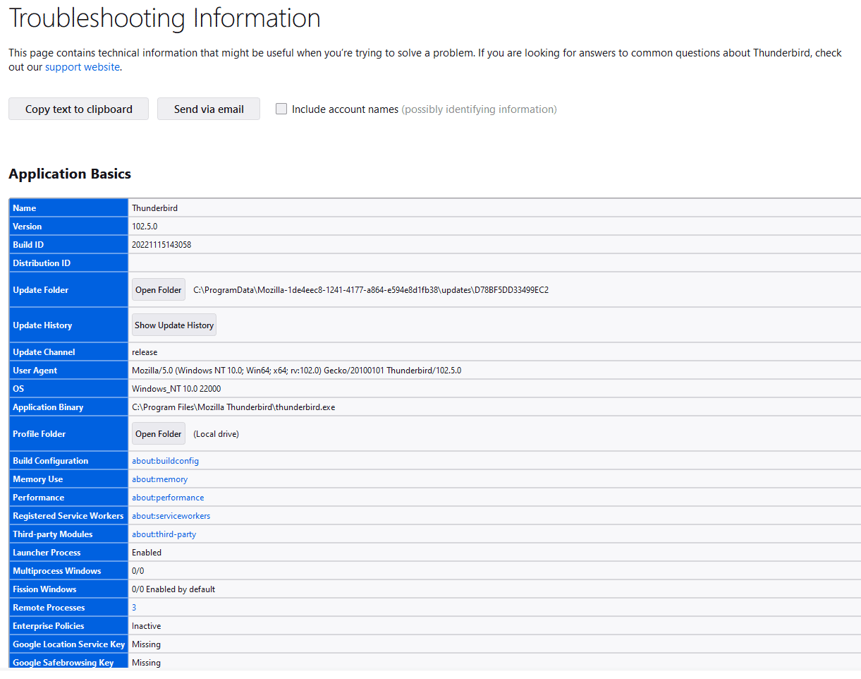 Thunderbird Troubleshooting information