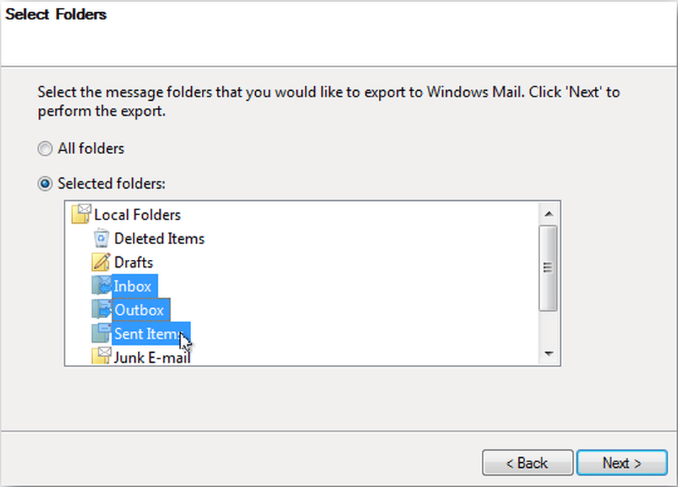 Select folders to export dialog