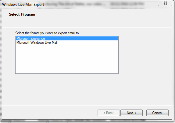 Live Mail export dialog
